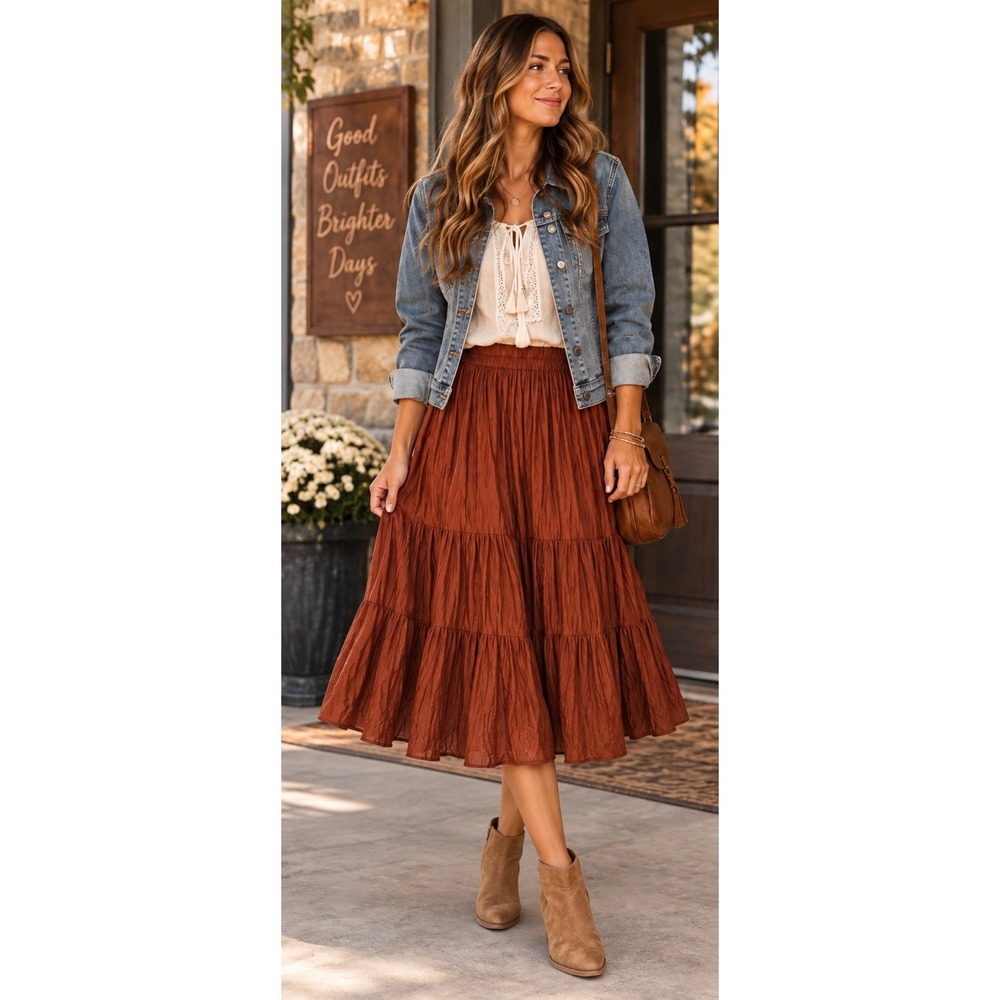 Red Rocks Rust Tiered Crinkle Midi Skirt Boho Western Peasant 28-30 Waist